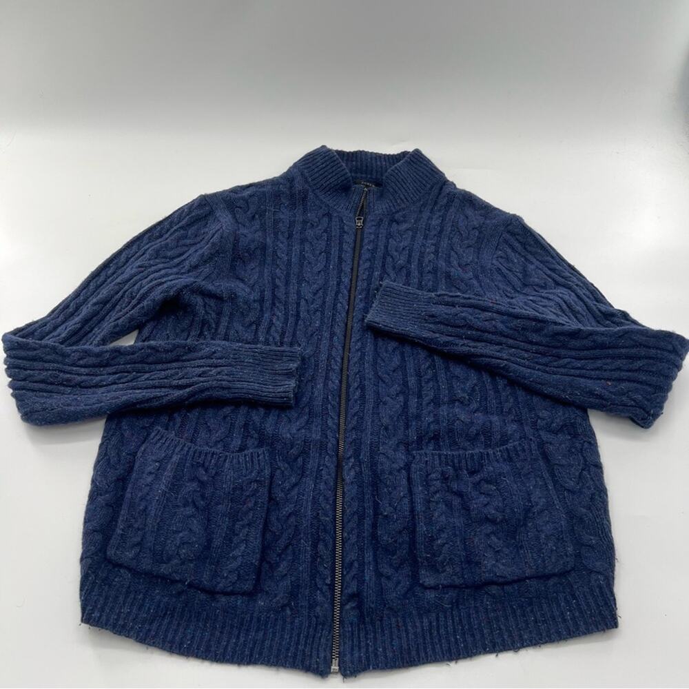 J.Crew Men’s Merino Wool Blend Cable Knit Zip Up Cardigan Sweater Navy Blue